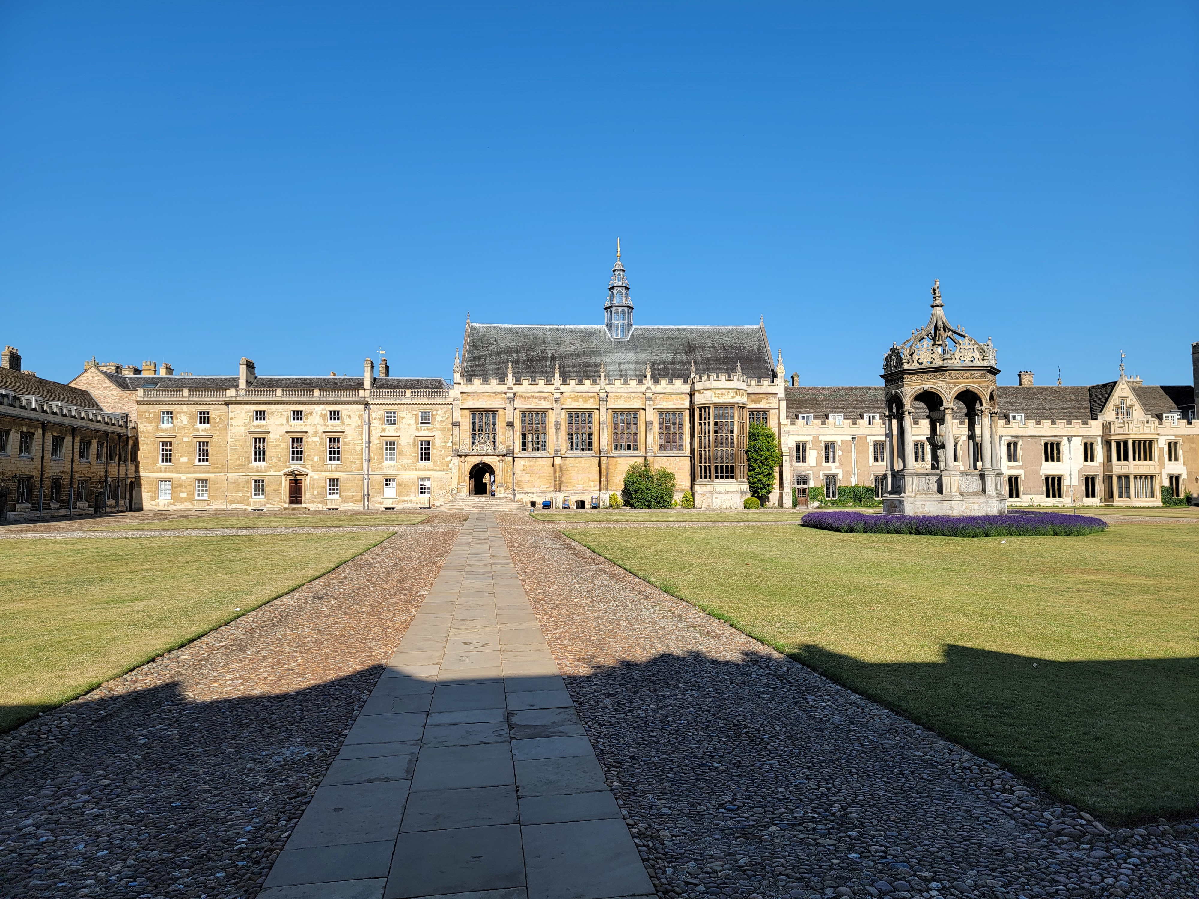 The Great Court of Trinity College, Cambridge, facing towards the hall.  The fountain is in the foreground.
